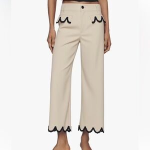 Cream Wide-Leg Scallop Hem Pants with Black Trim